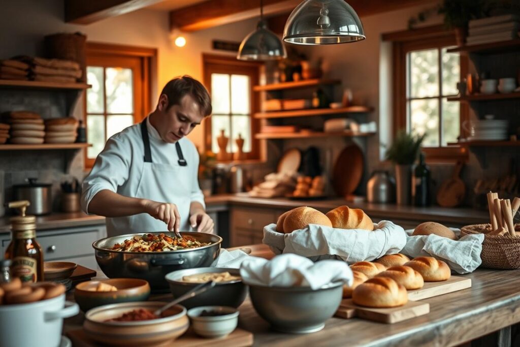 Um negócio culinário caseiro e intimista, situado em uma cozinha aconchegante e bem equipada. Em primeiro plano, um chef habilidoso, trajando um avental branco impecável, prepara cuidadosamente um prato delicioso com ingredientes locais. Em segundo plano, uma variedade de pães, doces e especiarias aromáticas recém-assados ​​exalam o aroma de um paraíso culinário caseiro. Ao fundo, uma iluminação aconchegante filtra-se pelas grandes janelas, projetando um brilho suave e convidativo, destacando a decoração clean e minimalista que reflete a paixão do proprietário pela qualidade e a atenção aos detalhes. A atmosfera geral transmite uma sensação de conforto caseiro, espírito empreendedor e um compromisso em criar experiências culinárias excepcionais.