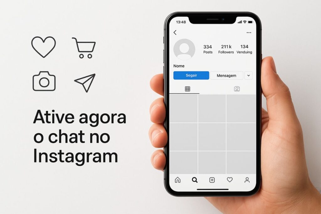 Guia passo a passo para ativar o Instagram Shopping em um fundo branco simples e minimalista. Em primeiro plano, um smartphone exibindo a interface do aplicativo Instagram com a aba "Compras" em destaque. Ao redor do telefone, vários ícones de e-commerce e imagens de produtos flutuam suavemente, transmitindo o conceito de vendas e merchandising online. O meio termo apresenta uma tipografia limpa e moderna que detalha o processo de ativação de forma clara e fácil de acompanhar. O fundo é claro e arejado, com iluminação suave, criando uma sensação de simplicidade e profissionalismo. A composição geral deve ser visualmente atraente e informativa, guiando o espectador pelas etapas de configuração do Instagram Shopping.