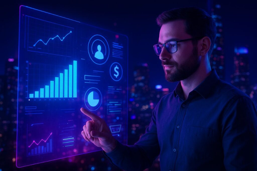 Uma ilustração vibrante e estrategicamente composta de marketing digital. Em primeiro plano, uma figura humana interage cuidadosamente com uma interface digital futurista, cercada por visualizações de dados em espiral e formas geométricas brilhantes. O plano central apresenta um conjunto dinâmico de dispositivos digitais, cabos e ícones, simbolizando a natureza interconectada do marketing moderno. Ao fundo, uma paisagem urbana com arranha-céus imponentes e um horizonte tecnológico brilhante, transmitindo a escala e o escopo do cenário digital. A iluminação equilibra tons frios e futuristas com destaques quentes e vibrantes, criando uma sensação de profundidade e dramaticidade. O clima geral é de inovação, complexidade e visão estratégica, condizente com o tema "Marketing Digital Estratégico".