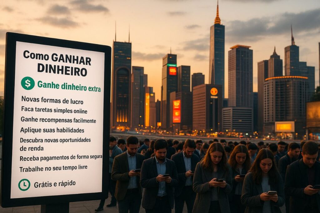 Uma paisagem urbana vibrante ao entardecer, com um grande painel digital em primeiro plano exibindo diversas oportunidades de ganhar dinheiro online. No centro, um grupo diversificado de pessoas, entretidas com seus laptops e smartphones, representa as diversas maneiras de ganhar renda extra pela internet. O fundo apresenta uma paisagem urbana moderna e movimentada, com arranha-céus, luzes de neon e uma sensação de energia e dinamismo. A iluminação é em um tom dourado quente, criando uma atmosfera convidativa e inspiradora. A cena geral transmite a ideia do vasto potencial de ganhar dinheiro por meio de canais online, com o painel digital destacando as muitas possibilidades disponíveis.