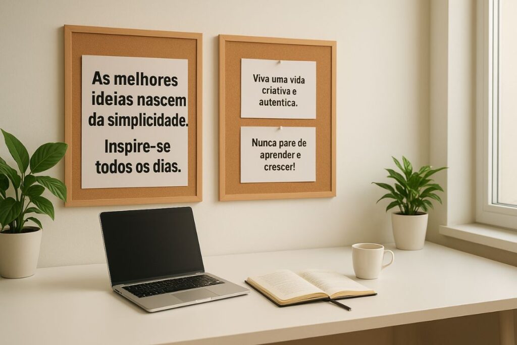 Um home office aconchegante com uma mesa elegante e minimalista e uma cadeira confortável. As paredes são adornadas com citações inspiradoras e um quadro de cortiça repleto de anotações manuscritas. Sobre a mesa, um laptop, uma xícara de café e um caderno com o título "Estratégias para Renda Extra Sem Gastos" escrito na capa. Uma iluminação natural e aconchegante ilumina o ambiente, criando uma atmosfera serena e produtiva. Ao fundo, uma planta exuberante adiciona um toque de verde, complementando a estética geral.
