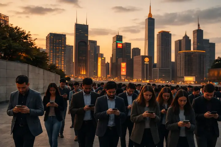 Grupo diversificado de profissionais utilizando dispositivos móveis em uma metrópole moderna ao entardecer, representando a arquitetura de negócios digitais e a mobilidade do trabalho remoto.