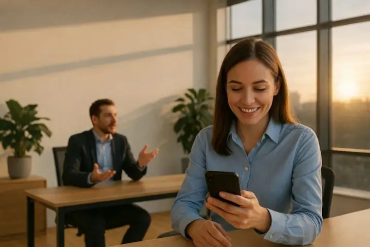 Influenciadora digital sorrindo enquanto utiliza smartphone em escritório moderno, com colega ao fundo em reunião estratégica de marketing.