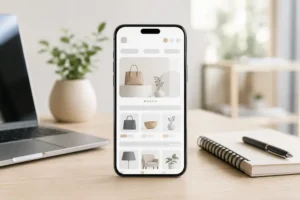 Smartphone com interface genérica de vitrine digital, representando como ativar o Instagram Shopping e organizar produtos no perfil comercial.
