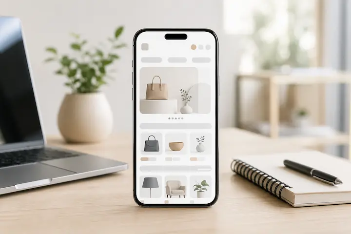 Smartphone com interface genérica de vitrine digital, representando como ativar o Instagram Shopping e organizar produtos no perfil comercial.