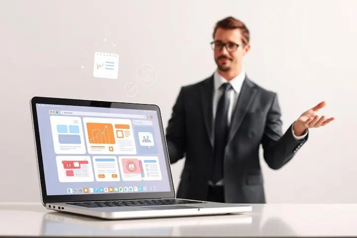 Ilustração profissional de empresário analisando dashboard de marketing digital e técnicas de vendas online em um laptop.