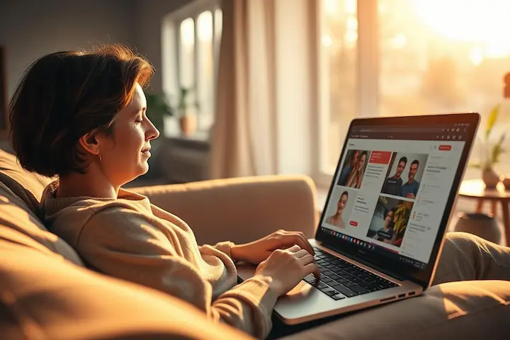 Pessoa em um ambiente doméstico confortável utilizando um laptop para gerir projetos digitais, representando a flexibilidade e o foco na consolidação de renda online.