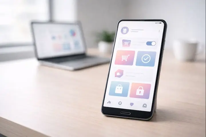 A high-quality, realistic image of the requirements to activate Instagram Shopping, featuring a smartphone display showcasing the Instagram shopping interface. The foreground shows the smartphone's screen with the "Enable Shopping" button and settings. The middle ground depicts a person's hands interacting with the smartphone. The background is a clean, minimalist office setting with subtle lighting, providing a professional and informative atmosphere. The scene conveys a sense of ease and simplicity, reflecting the process of setting up Instagram Shopping. Smartphone exibindo ícones de verificação e segurança, representando os requisitos técnicos para ativação da loja no Instagram.