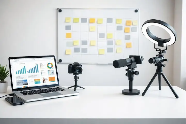 Setup profissional de marketing digital com ferramentas de alta performance, incluindo laptop com métricas e equipamentos de produção de conteúdo