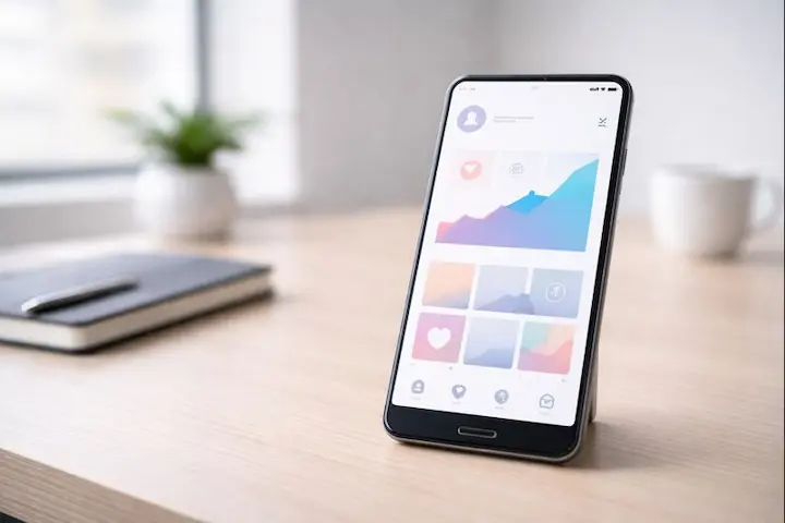 Interface de smartphone em ambiente de escritório moderno exibindo gráficos de crescimento e métricas de engajamento digital.