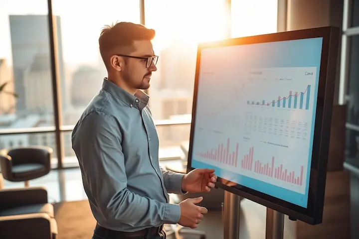 Um profissional de perfil, usando óculos e camisa social, analisando atentamente uma tela digital com gráficos de desempenho enquanto aplica estratégias de monetização com Canva em seus projetos visuais.