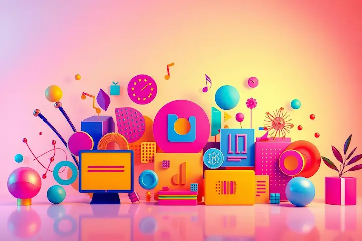 Composição tridimensional abstrata e colorida apresentando formas geométricas, ícones de design e elementos gráficos vibrantes que simbolizam a versatilidade criativa do Canva.