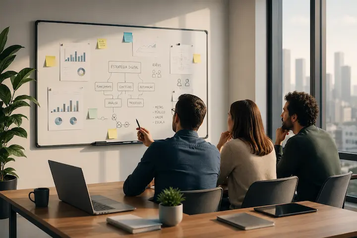 Equipe analisando estratégias e processos utilizados na organização de operações digitais estruturadas.