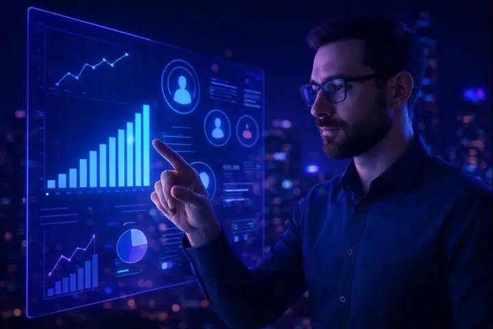 Representação visual de um ecossistema de marketing digital estratégico, com foco em análise de dados, interconectividade e governança tecnológica.