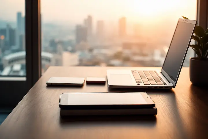 Notebook e dispositivos móveis utilizados na organização de operações digitais para renda passiva online.