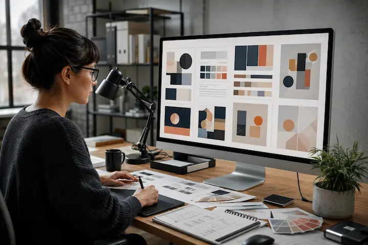 Profissional organizando elementos de identidade visual e layouts gráficos em estação de design digital.
