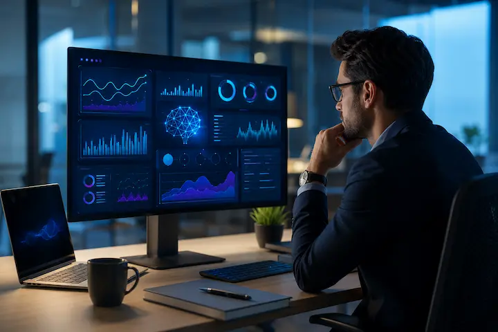 Profissional analisando painel digital com gráficos e elementos de inteligência artificial aplicados ao marketing.