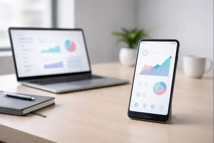 Visão detalhada de um dashboard de métricas no smartphone integrado a um notebook, representando o planejamento estratégico de conteúdo.
