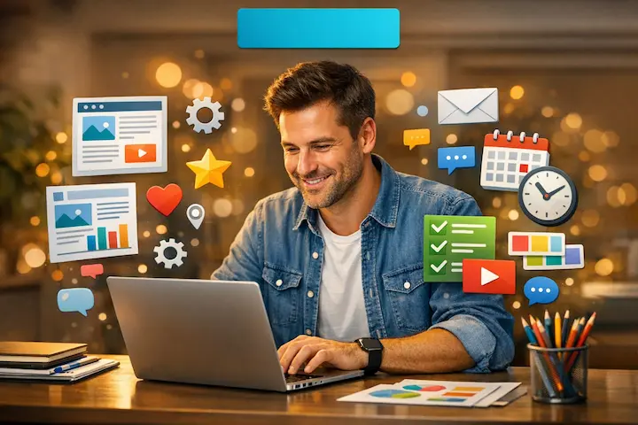 Um homem sorridente usando camisa jeans, trabalhando em um laptop. Ao seu redor, flutuam ícones coloridos de produtividade, como um calendário, um relógio, uma lista de tarefas e elementos de edição gráfica sobre um fundo degradê vibrante.
