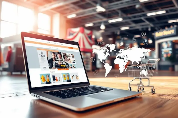 Representação visual de um marketplace digital em um laptop com mapa-múndi, simbolizando o alcance global de uma operação de renda passiva online.