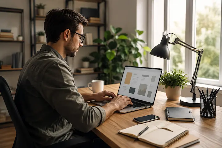 Profissional trabalhando em home office com notebook e ambiente organizado para modelos digitais de trabalho remoto.