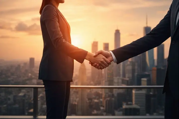 Dois profissionais apertando as mãos em uma varanda de prédio alto com um skyline urbano ao fundo durante o pôr do sol.