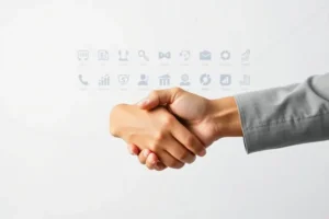 Aperto de mãos formal entre um criador de conteúdo e um executivo, simbolizando o fechamento de uma parceria comercial de sucesso.