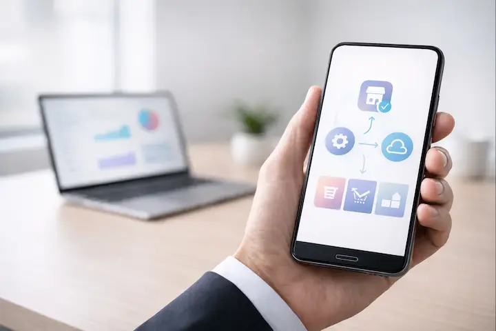 Profissional segurando smartphone com ícones genéricos de configuração, catálogo e integração de vitrine digital.