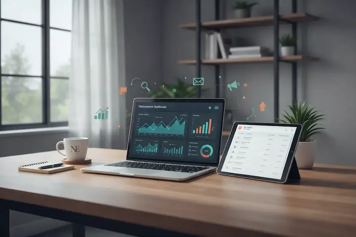Dashboard de performance em marketing de afiliados exibindo métricas e estratégias de conversão digital em um ambiente de trabalho profissional.