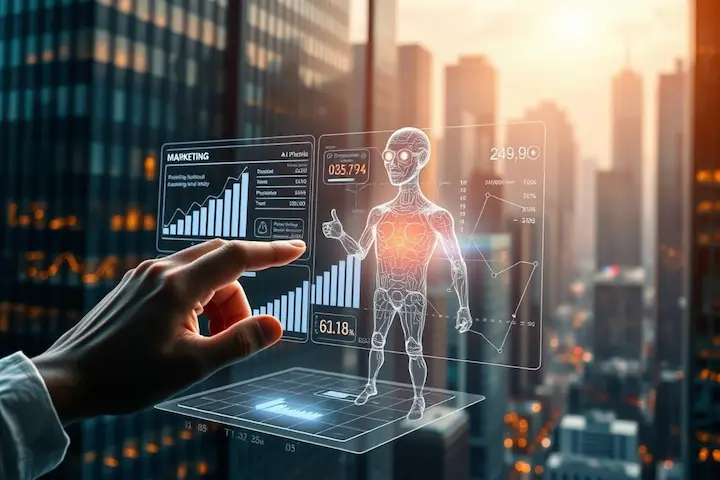 A digital marketing automation system powered by artificial intelligence, featuring a sleek, futuristic interface. In the foreground, a human hand interacts with holographic marketing data and analytics, seamlessly manipulating campaign metrics. In the middle ground, an advanced AI assistant offers real-time optimization suggestions, its avatar projected as a glowing, ethereal presence. The background depicts a cityscape of towering skyscrapers, their windows reflecting the dynamic interplay of technology and marketing strategy. Warm, ambient lighting casts a subtle glow, evoking a sense of innovation and efficiency. The overall scene conveys the power of AI-driven marketing automation to streamline workflows, boost productivity, and drive remarkable results. Profissional interagindo com uma interface de inteligência artificial futurista para gestão de marketing digital.