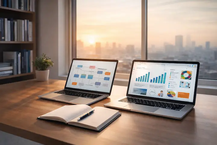 Escritório executivo com laptops exibindo fluxogramas de processos e dashboards de ativos digitais.