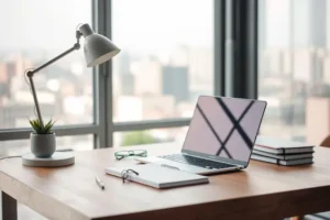 Redator freelancer alta performance em sua estação de redator freelancer trabalho remoto organizada e produtiva.