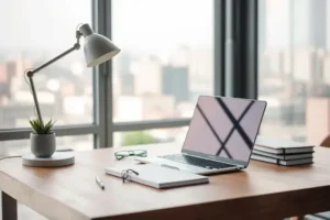 Estação de trabalho organizada para redator freelancer no trabalho remoto com notebook, mesa de estudos e ambiente profissional.