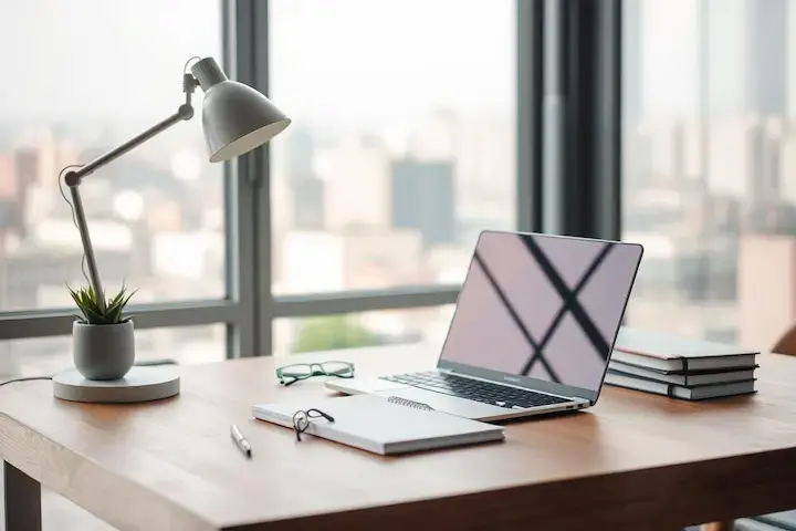 Estação de trabalho organizada para redator freelancer no trabalho remoto com notebook, mesa de estudos e ambiente profissional.