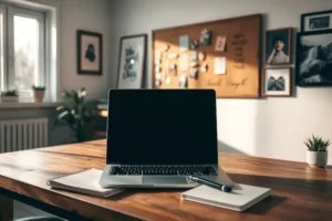 Ambiente de trabalho remoto com notebook e dispositivos digitais utilizados na estruturação de ativos de renda passiva online.