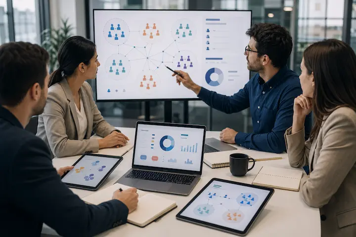 Equipe analisando segmentação de perfis e estruturas de audiência no marketing de afiliados.