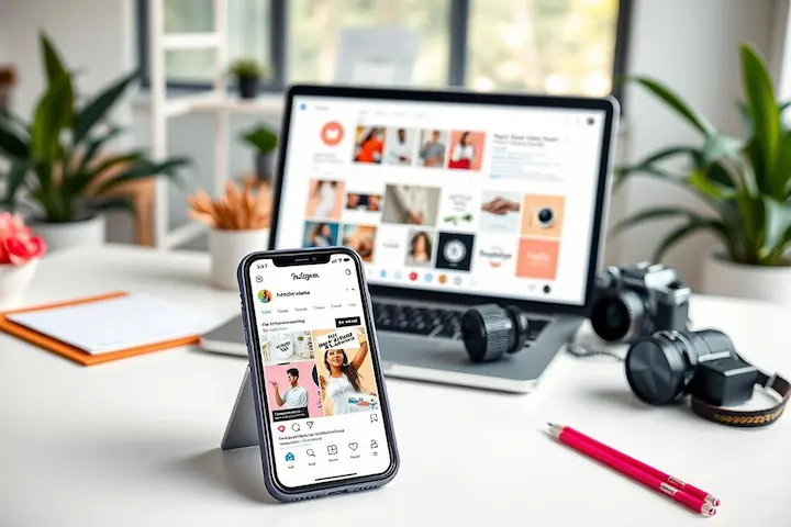 Estação de trabalho com câmera profissional, laptop e smartphone demonstrando a criação de conteúdo estratégico para redes sociais.