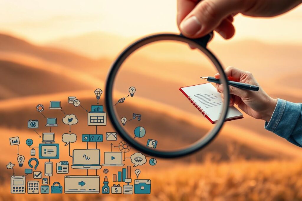 A beautifully illustrated infographic against a warm, earthy background. In the foreground, a magnifying glass hovers over a collection of digital devices and icons representing various online products and platforms. In the middle ground, a hand carefully crafts a new digital product, with detailed elements such as a notebook, pen, and computer monitor. The background features a soft, blurred landscape of rolling hills, hinting at the tranquility and focus required for successful infoproduct creation. The overall composition conveys the process of transforming ideas into valuable digital assets, with a sense of thoughtfulness, expertise, and creativity.