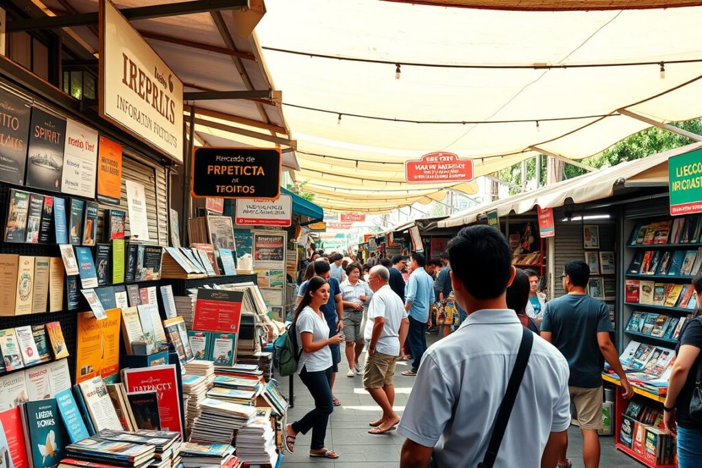 A bustling open-air marketplace with stalls selling a variety of digital information products. In the foreground, a vendor displays their wares - e-books, online courses, and digital workshops. The middle ground is filled with potential customers examining the offerings, intrigued by the possibilities of learning new skills from the comfort of home. In the background, a vibrant mix of colors, signage, and energy captures the excitement of this thriving "mercado de infoprodutos". Natural lighting filters through the canopies, creating a warm, inviting atmosphere for aspiring entrepreneurs to explore the potential of this growing market.