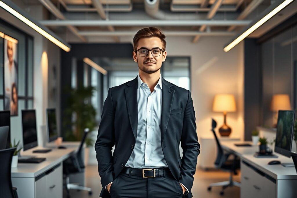 Uma assistente de marketing digital, em pé com confiança, está imersa em um ambiente de escritório moderno e elegante. Vestida com um traje profissional impecável, ela exala competência e expertise. O fundo, com linhas limpas, decoração minimalista e acessórios de alta tecnologia, transmite uma sensação de eficiência e inovação. Uma iluminação suave e direcionada ilumina a cena, criando profundidade e enfatizando a expressão concentrada da assistente. A composição geral evoca produtividade, confiabilidade e o poder da automação para aprimorar os esforços de marketing digital.