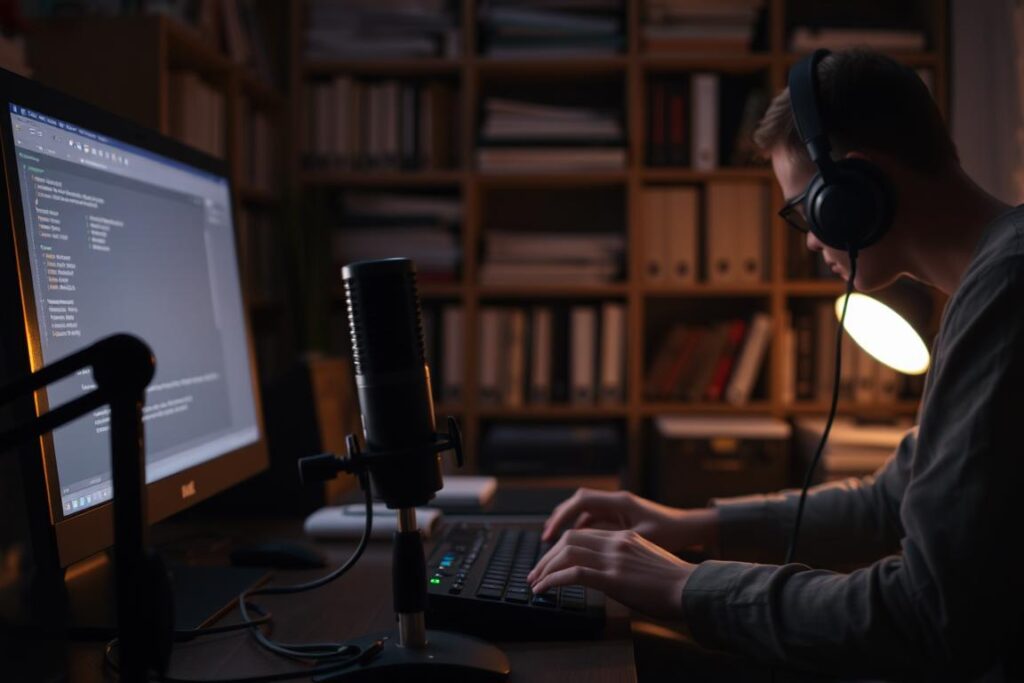 Um escritório doméstico com iluminação suave, o brilho discreto da tela do computador iluminando um par de mãos digitando em um teclado. Em primeiro plano, um microfone e um fone de ouvido, as ferramentas de trabalho de um transcritor de áudio profissional. Ao fundo, prateleiras de livros e arquivos sugerem a meticulosa atenção aos detalhes exigida para essa tarefa. A atmosfera geral é de concentração, com uma sensação de calma e profissionalismo. A imagem transmite a essência da seção "Introdução à Transcrição de Áudio", onde o espectador pode se imaginar no lugar de um transcritor habilidoso, dedicado a transformar gravações de áudio em texto escrito preciso.
