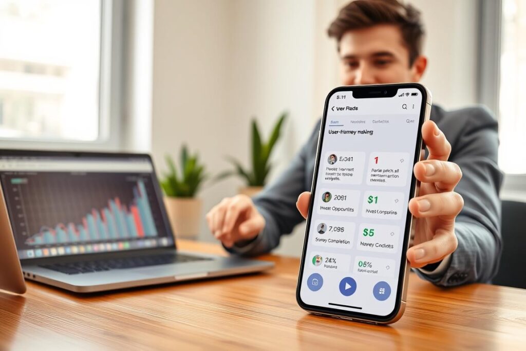 Um smartphone moderno exibe um aplicativo intuitivo para ganhar dinheiro, posicionado sobre uma elegante mesa de madeira. Em primeiro plano, um jovem profissional confiante, vestido casualmente elegante, interage com o aplicativo, explorando recursos que destacam oportunidades de investimento, pesquisas e recompensas em dinheiro. Ao fundo, um laptop exibe gráficos financeiros e um vaso de planta adiciona um toque de frescor. A luz natural suave que entra pela janela cria uma atmosfera convidativa. A composição foca no entusiasmo e na oportunidade, capturando a essência do uso da tecnologia para o crescimento financeiro. A imagem deve transmitir profissionalismo e a empolgação de obter renda extra por meio de aplicativos confiáveis.