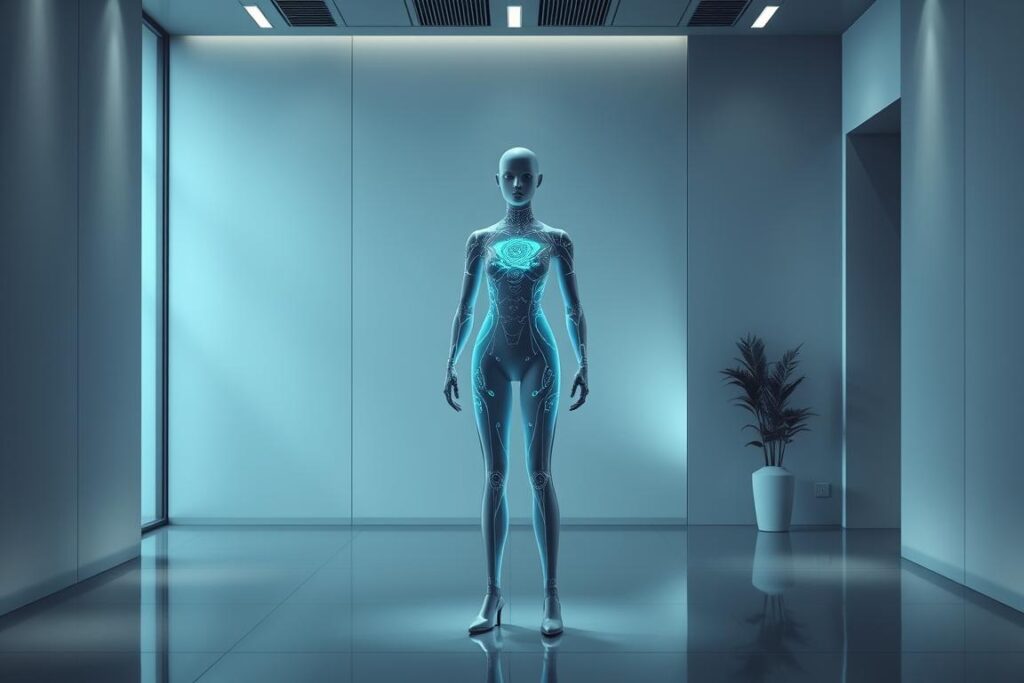 Uma assistente virtual elegante e futurista se destaca em um ambiente de escritório minimalista e de alta tecnologia. A assistente é uma figura etérea e sofisticada com uma interface holográfica brilhante, exalando uma aura de recursos avançados de IA. O fundo apresenta padrões geométricos abstratos e uma iluminação sutil com gradientes, criando uma sensação de inovação e proeza tecnológica. A composição é equilibrada, com a assistente virtual posicionada no centro, atraindo a atenção. O clima geral é de sofisticação, eficiência e a promessa de soluções de marketing digital de ponta.