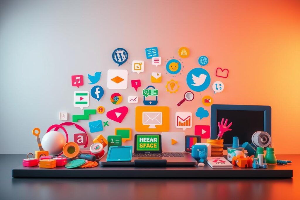 Um conjunto vibrante de ferramentas de marketing digital, apresentado em um fundo elegante e minimalista. Em primeiro plano, uma variedade de ícones e símbolos essenciais representando ferramentas populares de marketing digital gratuitas — plataformas de mídia social, otimização para mecanismos de busca (SEO), marketing por e-mail, análise de dados e criação de conteúdo. O plano intermediário apresenta um padrão de grade sutil, sugerindo a natureza organizada e eficiente desses recursos digitais. O fundo tem uma paleta monocromática suave, permitindo que as ferramentas centrais sejam o centro das atenções. Uma iluminação quente e direcionada projeta um brilho suave e convidativo, criando uma atmosfera de profissionalismo e produtividade. A composição geral transmite o poder e a acessibilidade dos recursos gratuitos de marketing digital para impulsionar qualquer negócio online.