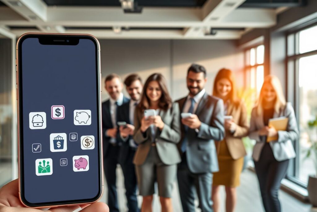 Uma cena visualmente atraente que apresenta uma variedade de aplicativos confiáveis ​​para geração de renda. Em primeiro plano, exibe-se a tela de um smartphone moderno com diversos ícones de aplicativos, como um cifrão, um cofrinho e uma maleta, simbolizando diferentes categorias de ganhos. Em segundo plano, retrata-se um grupo diversificado de profissionais, vestidos com trajes de negócios elegantes, interagindo com seus dispositivos e sorrindo, exalando uma sensação de realização e empoderamento financeiro. O fundo apresenta um ambiente de escritório sofisticado com iluminação suave, sombras discretas e uma grande janela que permite a entrada de luz natural e aconchegante, criando uma atmosfera convidativa. O clima geral deve transmitir otimismo e praticidade, enfatizando o potencial de renda extra por meio de aplicativos confiáveis.