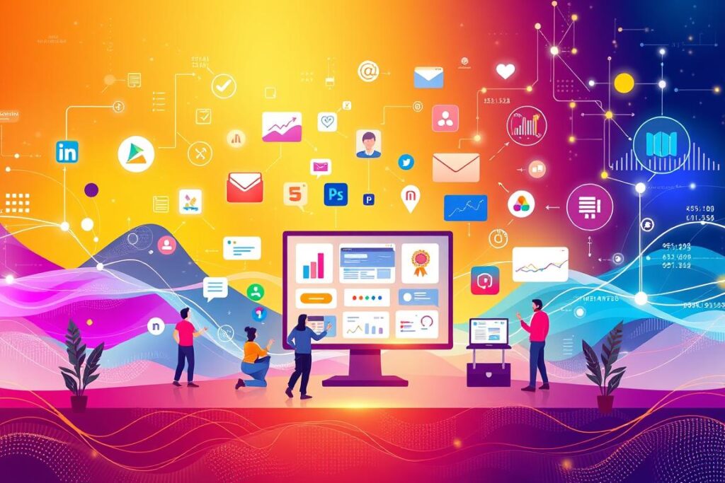 Integração de Ferramentas de Marketing Digital: Uma ilustração vibrante e dinâmica que demonstra a integração perfeita de diversas ferramentas de marketing digital. Em primeiro plano, um hub central ou painel exibe ícones que representam diferentes plataformas de software, incluindo mídias sociais, e-mail marketing, análise de dados e publicidade. O plano intermediário apresenta usuários interagindo com essas ferramentas, destacando a natureza colaborativa e interconectada do ecossistema digital. O fundo retrata uma paisagem fluida e abstrata de visualizações de dados, redes interconectadas e sinais digitais pulsantes, transmitindo a natureza complexa e em constante evolução do cenário do marketing digital. A cena como um todo é banhada por uma paleta de cores quentes e vibrantes, com uma sensação de equilíbrio, harmonia e proeza tecnológica.