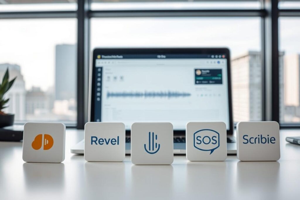 Um espaço de trabalho digital moderno e organizado, com diversos ícones de plataformas de transcrição online em destaque. O primeiro plano apresenta ícones elegantes e minimalistas de serviços populares de transcrição, como Rev, TranscribeMe e Scribie, dispostos ordenadamente sobre uma superfície branca. O plano intermediário mostra a tela de um laptop exibindo uma interface de transcrição, com uma forma de onda de áudio e controles de reprodução. O fundo retrata uma paisagem urbana suavemente desfocada através de uma grande janela, transmitindo uma atmosfera profissional e tecnológica. A iluminação é suave e difusa, criando um ambiente agradável e produtivo. A composição deve ser equilibrada, visualmente atraente e representativa da seção "Principais Plataformas para Trabalhar como Transcritor Online".