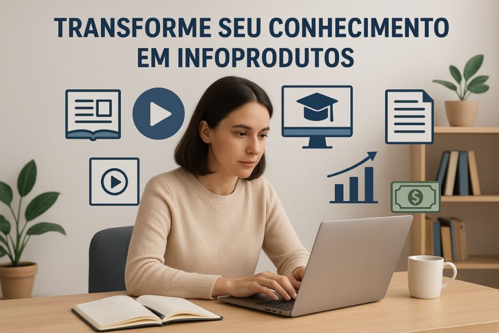 Mulher trabalhando em um laptop com ícones digitais de e-books, cursos online, vídeos e gráficos, simbolizando formas de ganhar dinheiro online, com o texto ‘Transforme seu conhecimento em infoprodutos’.