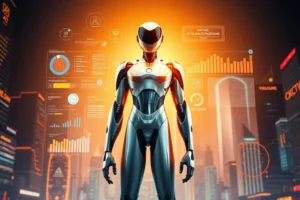 Representação digital de um assistente virtual de marketing focado em automação e análise de dados em ambiente urbano futurista.