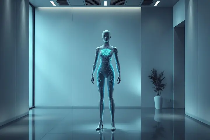 Figura humanoide tecnológica em ambiente moderno, representando automação e suporte digital para assistentes virtuais.